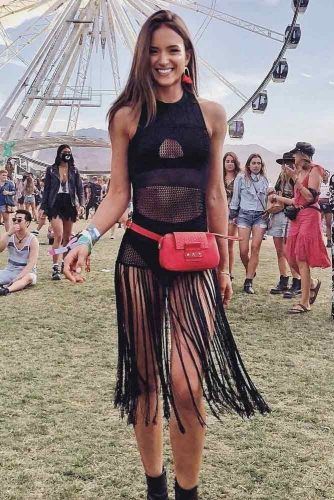 Black Mesh Overlay Dress With Fringe Skirt #top #fringeskirt