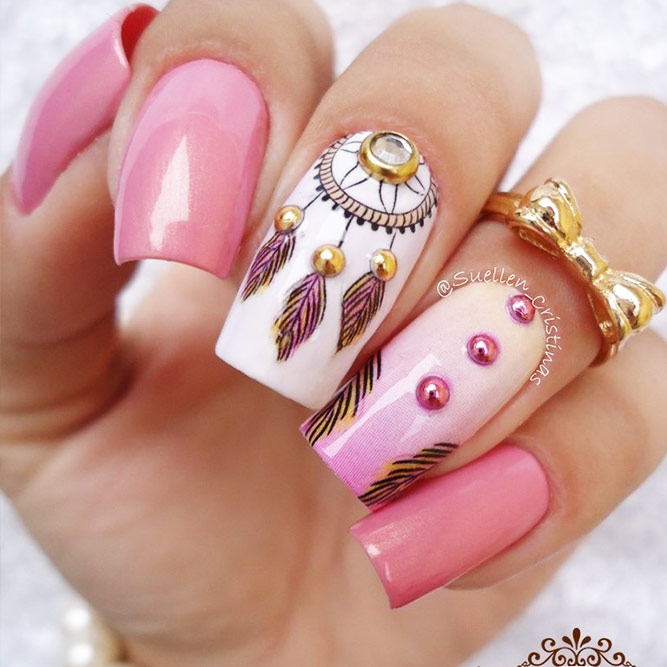 Dream Catcher Nail Designs With Rhinestones