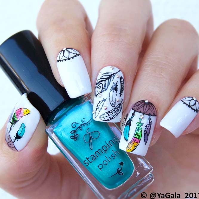 White Base Dream Catcher Nail Designs