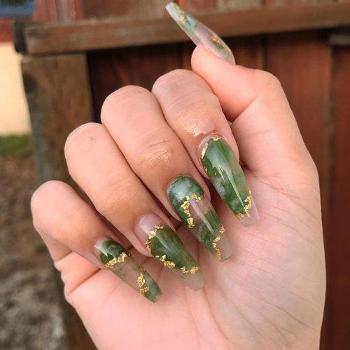 Jade Marble Nails With Gold Accent #coffinnails #jademarblenails