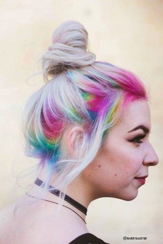 Blonde Hairstyle With Rainbow Hair Roots #bunhairstyle #blondehair