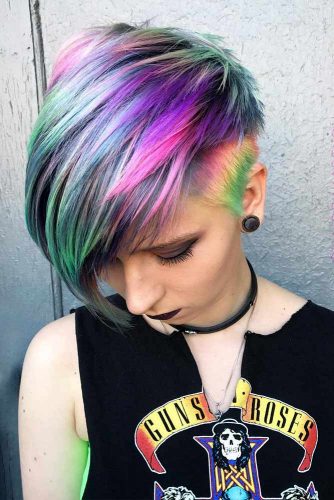 Pixie Hair Cut With Rainbow Color #sidebang #pixiecut #layeredhair