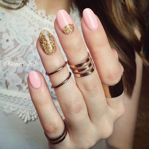 Beautiful Pink Shellac Nails With Glitter Accents #pinknails #ovalnails #glitternails