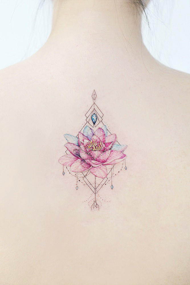 Beautiful Pink Lotus Tattoo Flower #backtattoo #geometrictattoo