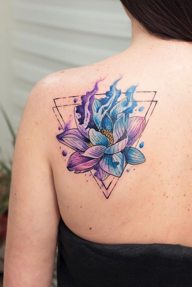 Galaxy Lotus Tattoo On A Back #geometrictatto #watercolortattoo