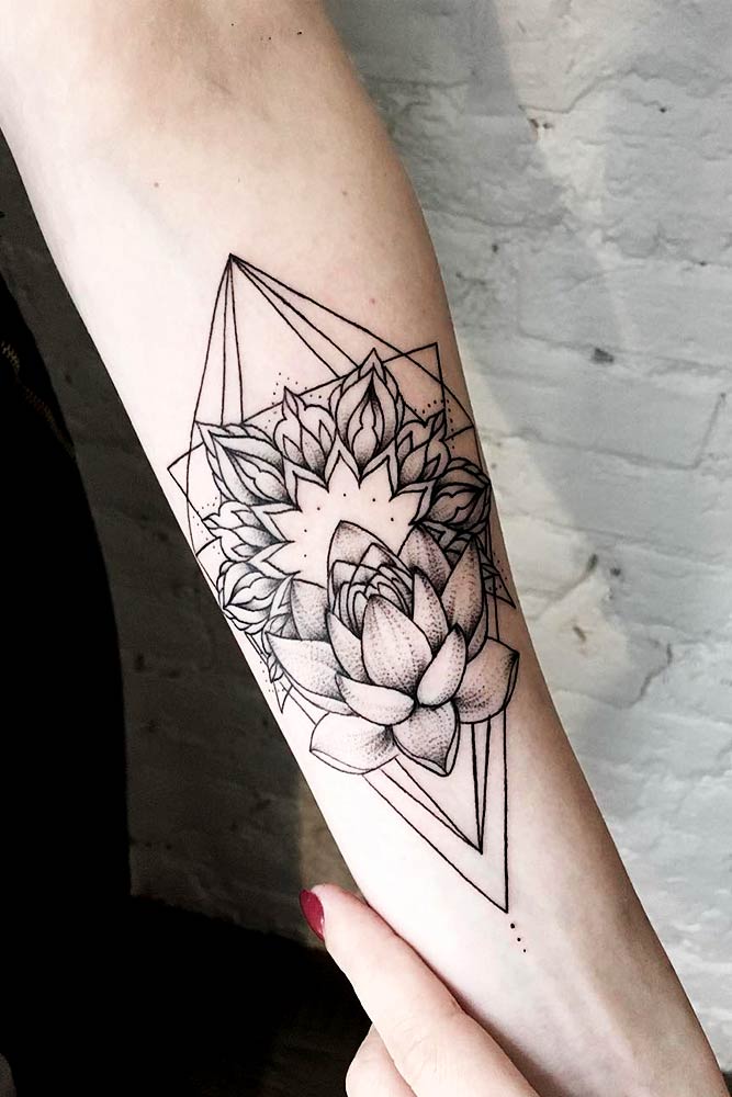 lotus flower tattoo hand black grey linework dotwork ornamental leaves geometric