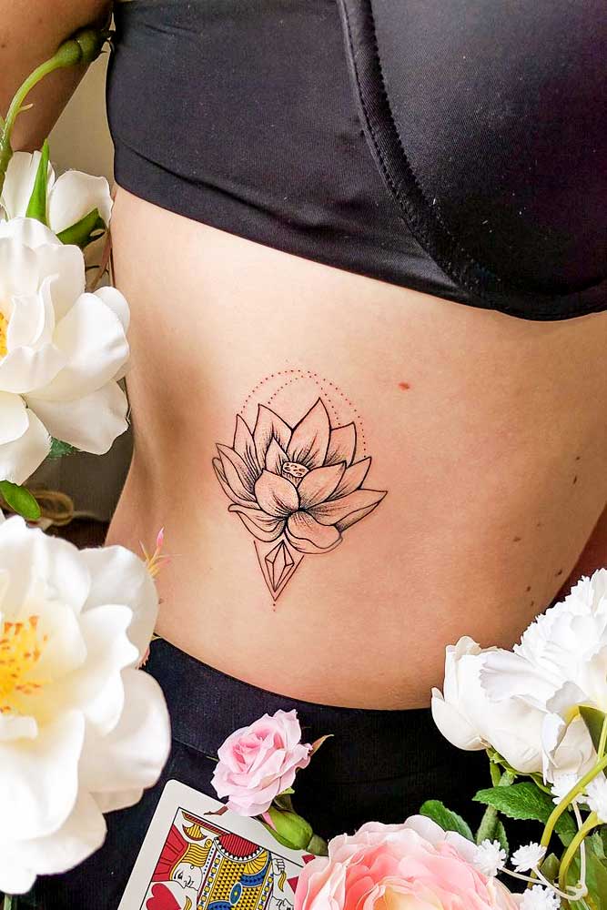Side Lotus Tattoo With Dotwork Elements #sidetattoo