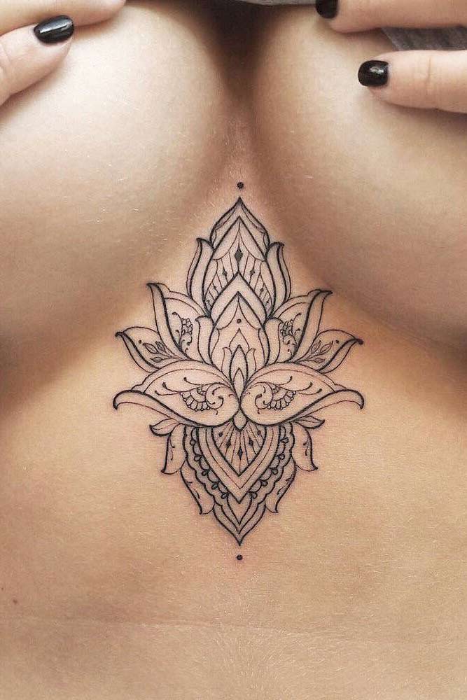 Underbreasts Tattoo With Lotus Flower #sternumtattoo #underbreaststattoo