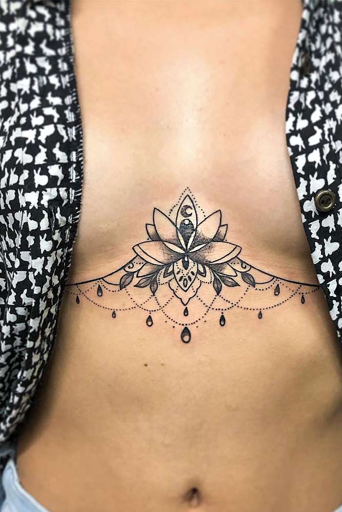 Underboob Lotus Tattoo Design #sternumtattoo