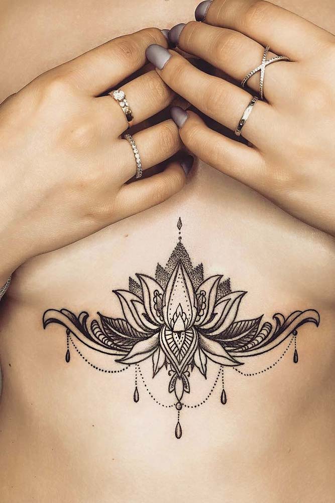Sternum Lotus Tattoo With Mandala Elements #mandalatattoo #sternumtattoo
