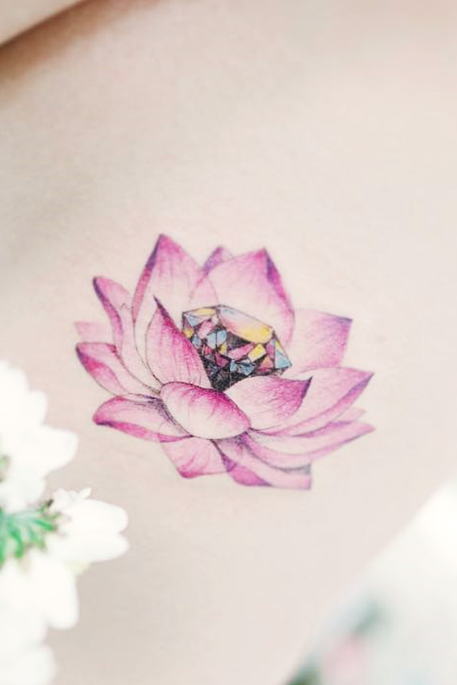 Beautiful Lotus Flower Tattoo With A Diamond #purplecolor #diamondtattoo