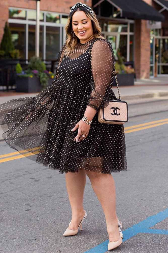 Black Plus Size Dress With White Polka Dots #polkadotsdress