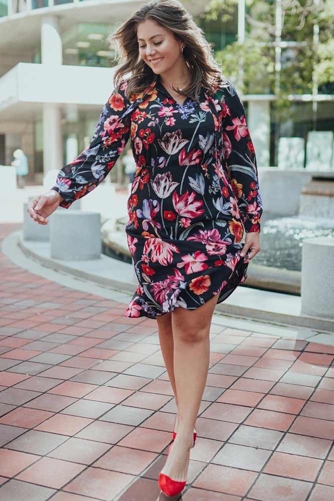 Blossom Floral Print Dress With Long Sleeves #longsleeves #plussize