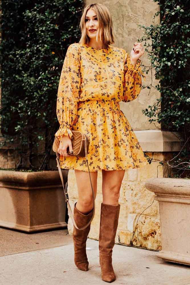 Yellow Spring Dress With Floral Print #longsleeves