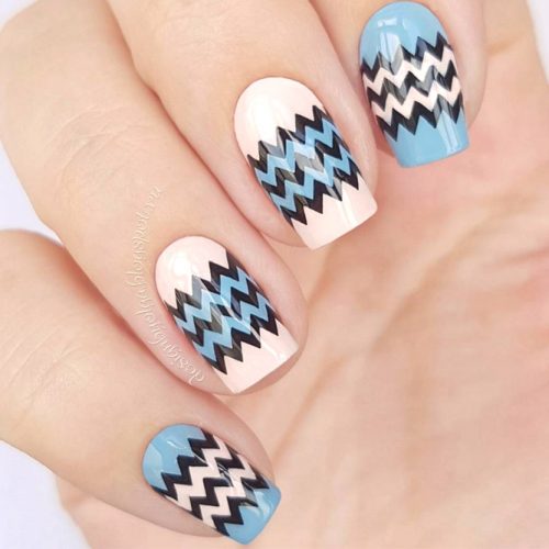 Peach And Blue Nails With Chevron Art #peachnails 