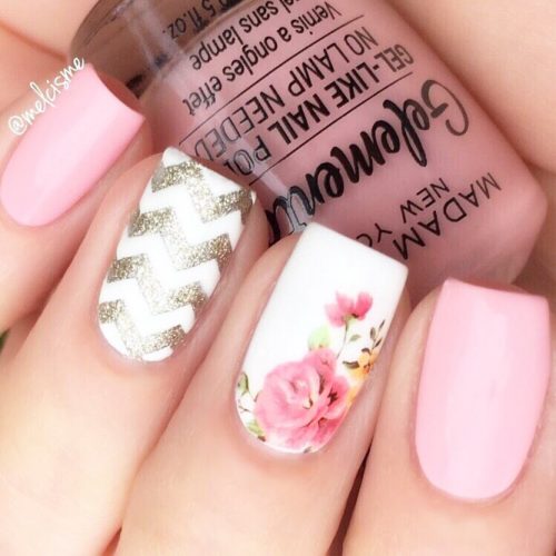 Pink Nails With Pattern Accent #flowers #glitter