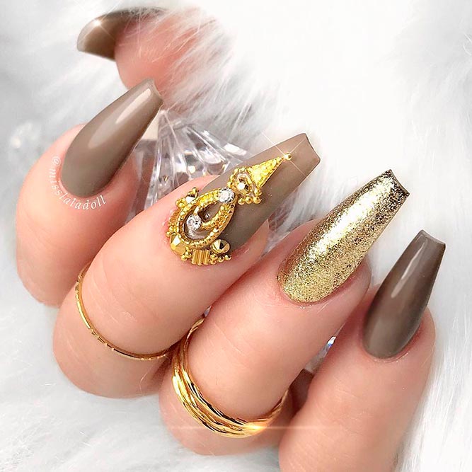 Gold Glitter Accented Finger #glitternails #longnails