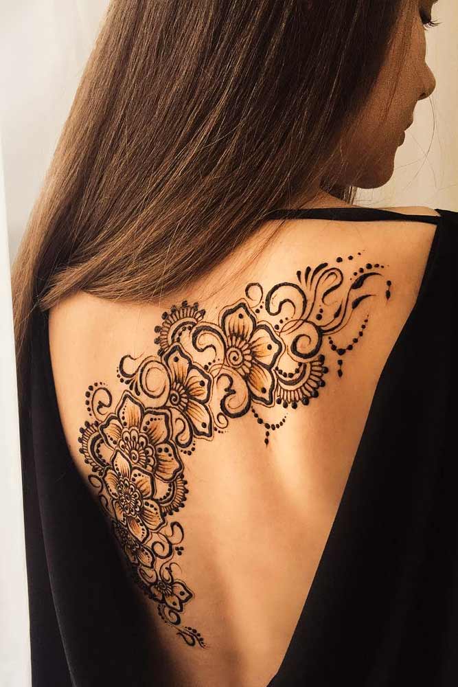 Back Henna Tattoo Design With Flowers #flowertattoo #backhennatattoo