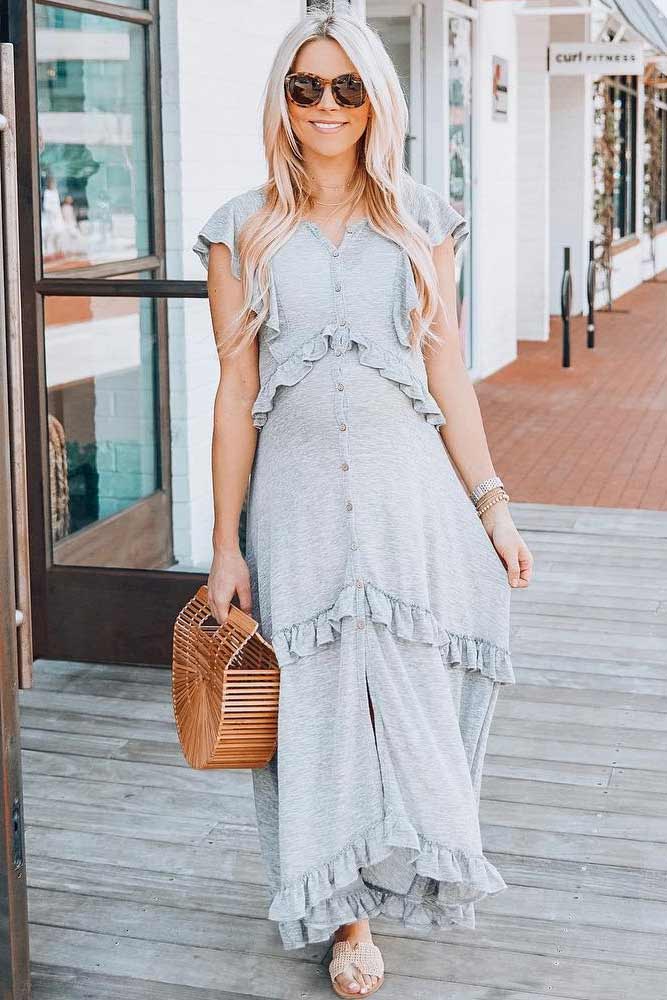 Gray Ruffles Maxi Maternity Dress #maxidress