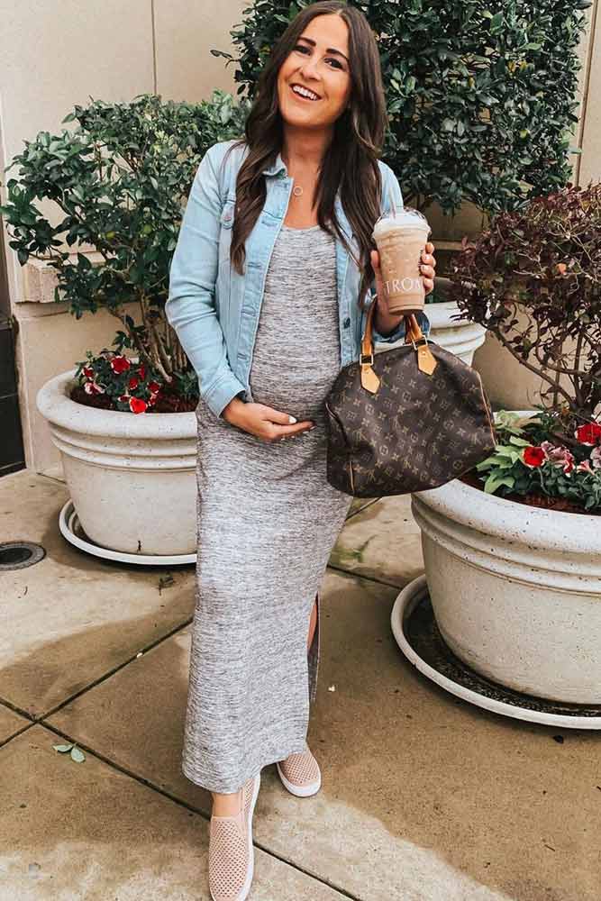 Gray Casual Maternity Dress With Denim Jacket #maxicasualdress