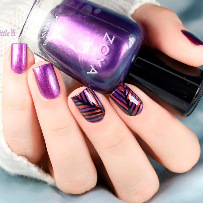 Trendy Purple Nail Designs With Geometric Pattern # metallicnails #nailstamping