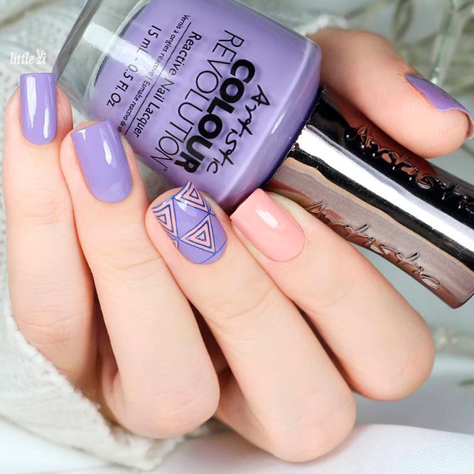 Trendy Purple Nail Designs With Geometric Pattern And Nude Accent #nudenails #nailstamping