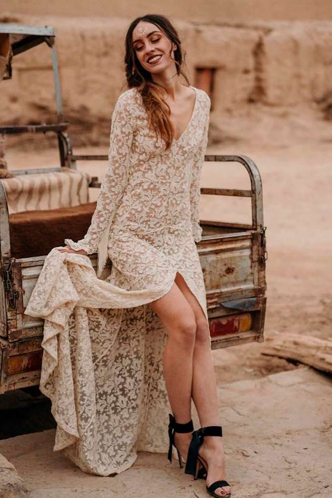 Simple Hippie Wedding Dress With Floral Pattern #hippiewedding #weddingdress