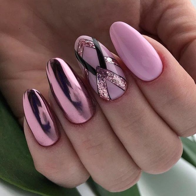 Pink Nails With Glitter Geometric Art #chromenails #pinknails