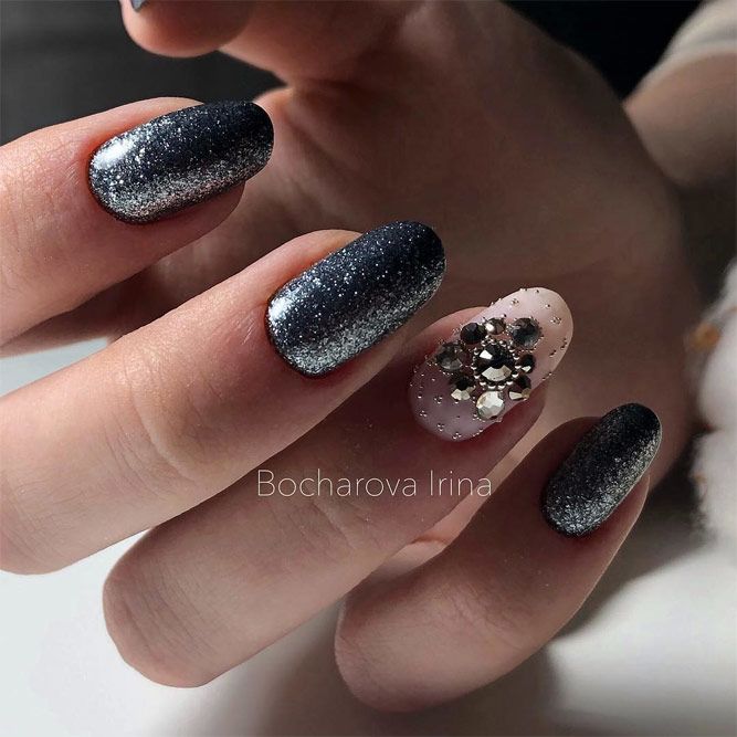 Silver Nails With Rhinestones Accent #glitter #nudenail