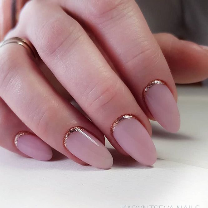 Nude Matte Nails With Glitter Reverse French Art #reversefrench #nudenails