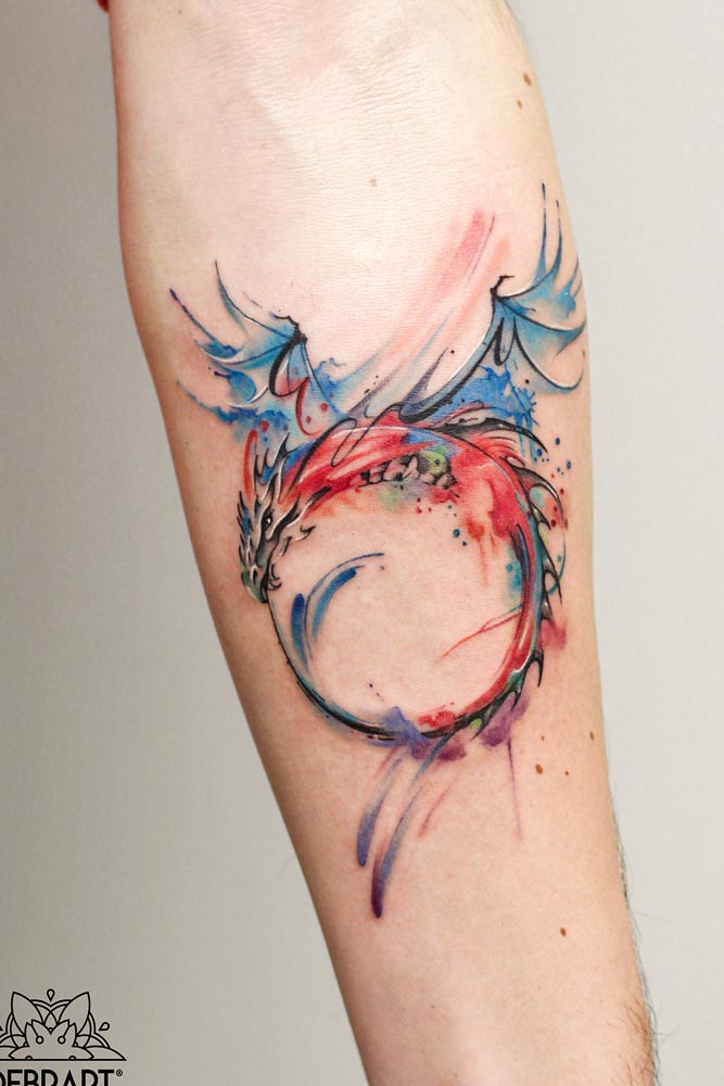 Beautiful Watercolor Tattoo With Dragon #dragontattoo #armtattoo