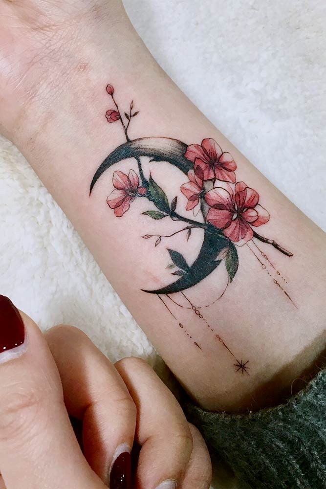 Watercolor Tattoo Design On The Arm #moon #cherryflowers