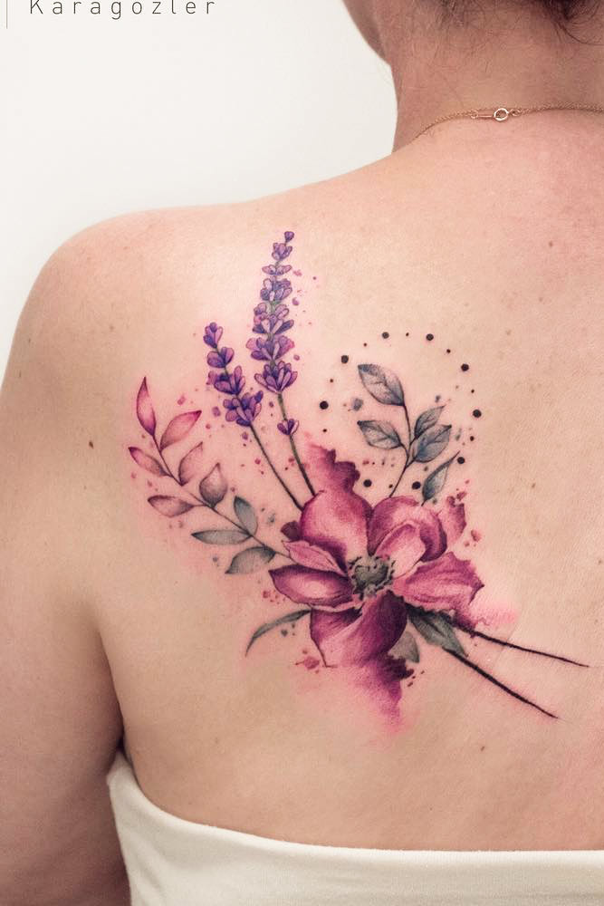 Back Watercolor Tattoo With Flowers #flowertattoo 