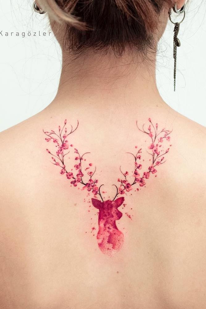 Soft Pink Watercolor Tattoo Design With Deer #deertattoo #pinktattoo #cherryblossomtattoo