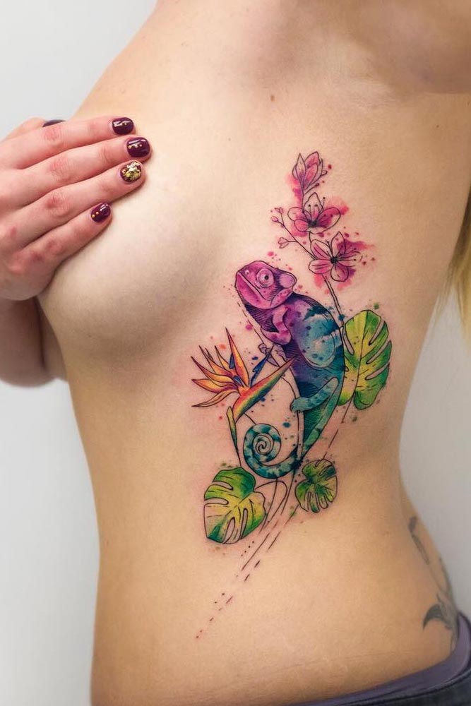 Bright Watercolor Tattoo With Chameleon #chameleon