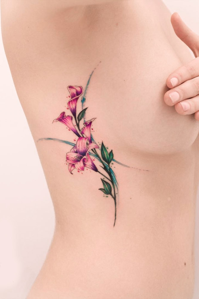 Cute Side Watercolor Tattoo Idea With Flowers #flowertattoo