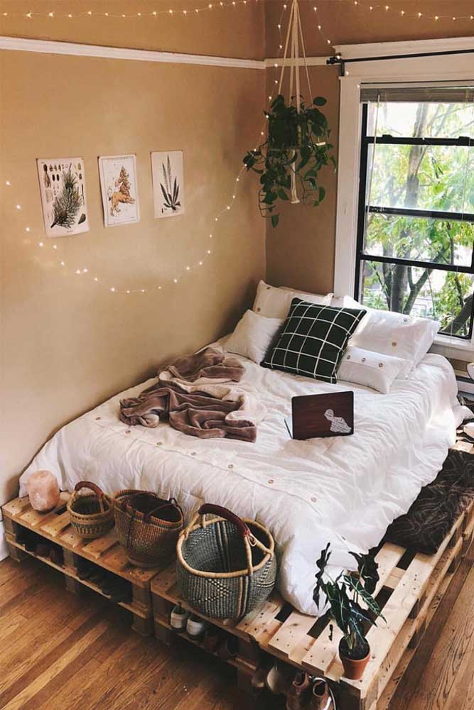 Simple Boho Bedroom With String Lights Decor #ledstringlights #bohobedroom