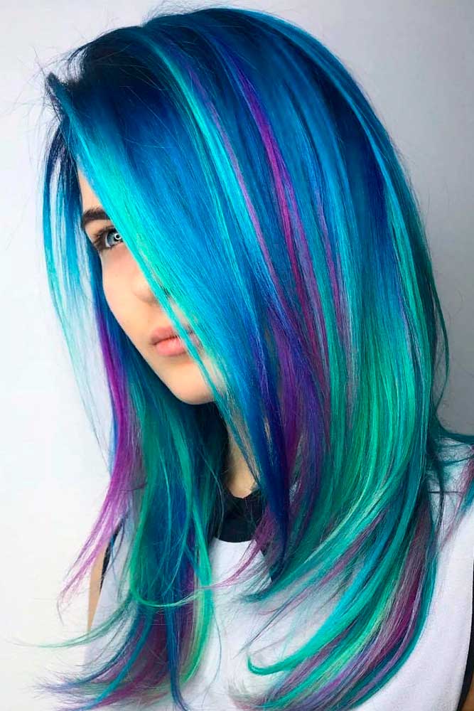 Amazing Blue Hair With Purple Highlights #highlightshair #balayagehair #multicoloredhair