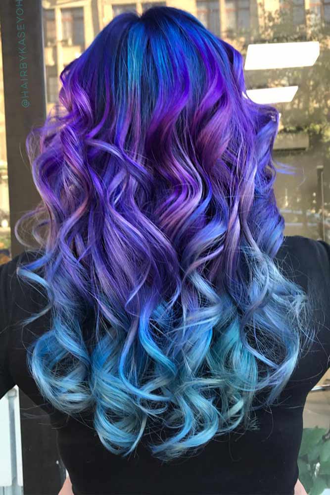 Beautiful Ombre With Blue And Purple Colors #longhair #wavyhairstyle #galaxyhair