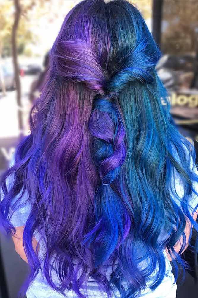 Half Blue And Purple Hairstyle For Long Hair #halfdyedhair #halfuphalfdownhairstyle #longhair