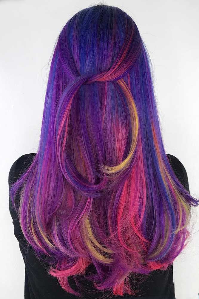 Long Straight Blue And Purple Hair With Pink Highlights #longhair #straighthairstyle #pinkhighlights #ombrehair