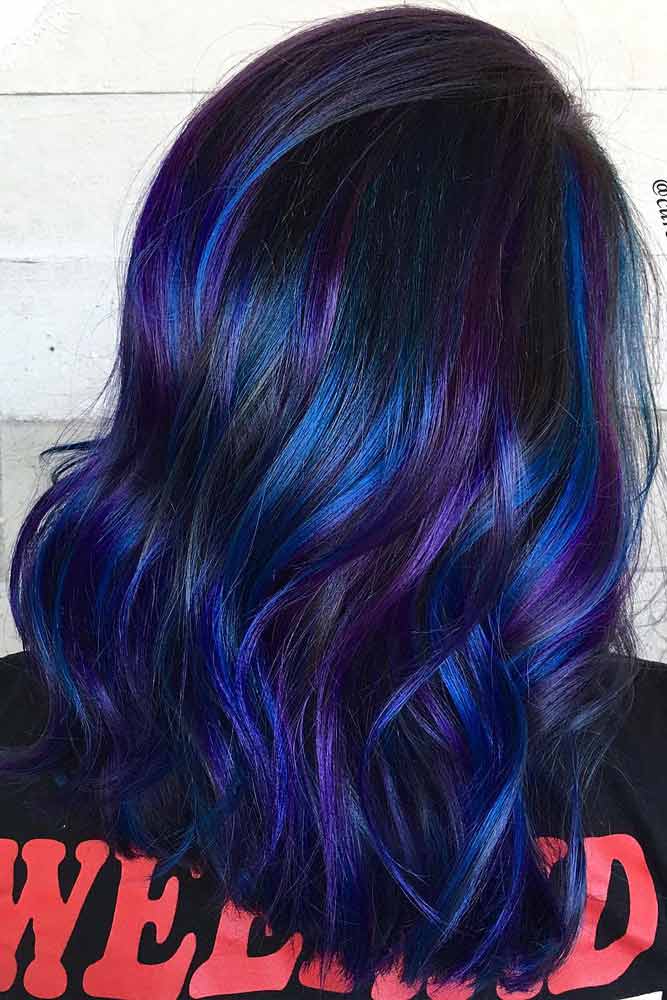 Long Bob Hairstyle With Dark Blue And Purple Colors #galaxyhair #longbob #wavyhair