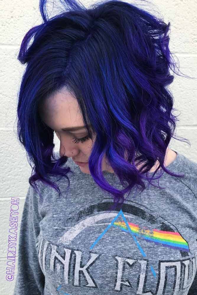 Blue Bob Hairstyle With Purple Ombre #shortbob #bobhaircut #wavybob