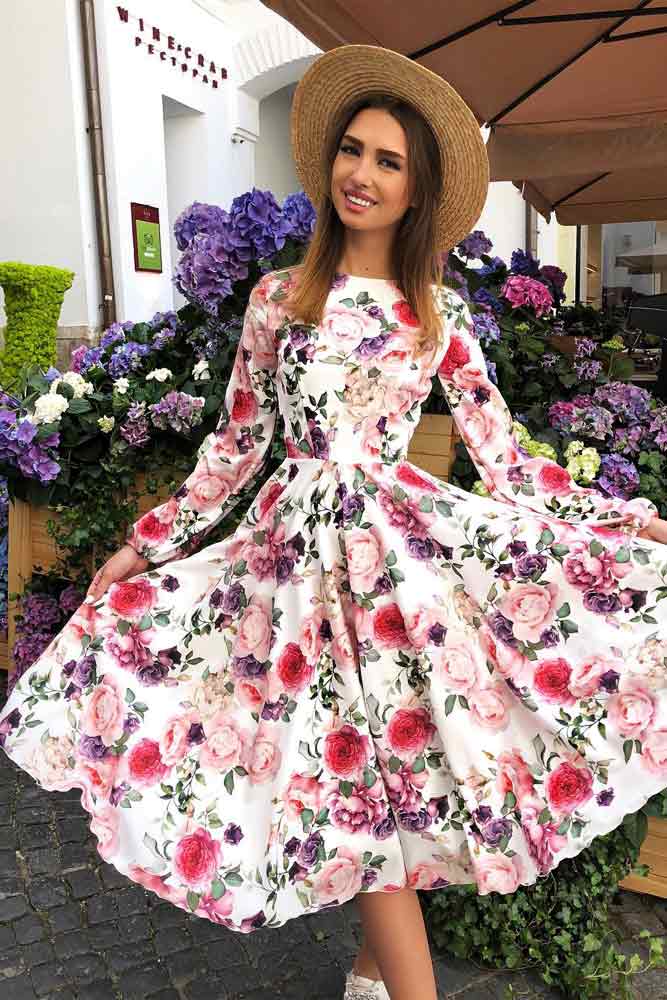 Tea Length Floral Dress With Long Sleeves #longdress #whitedress #longsleeves