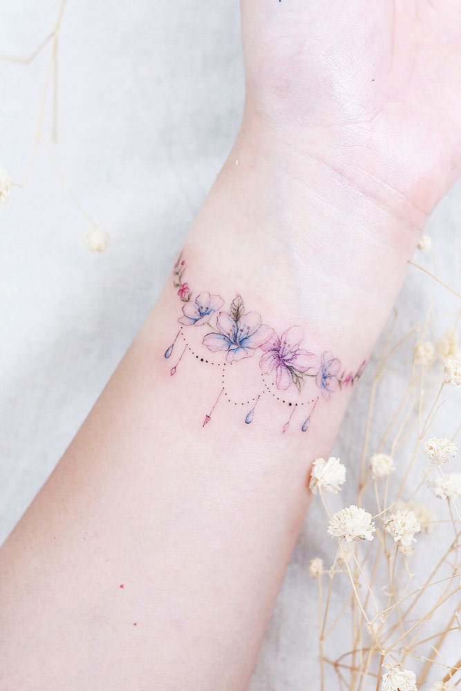 Wrist Tattoo With Pink And Purple Flowers