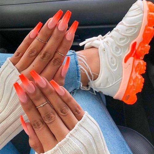 Neon Orange And Peach Ombre Nail Design #ombrenails #orangenails
