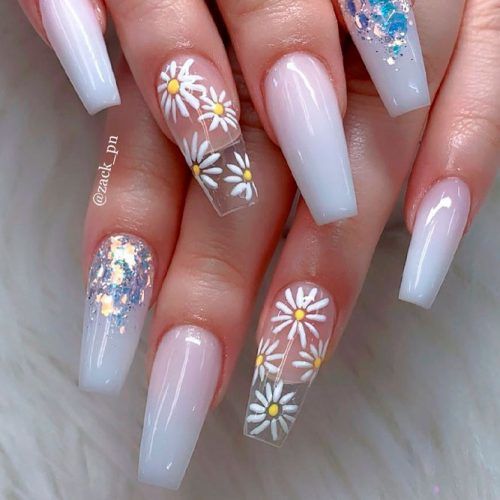 White Nails With Glitter And Flowers Pattern #glitternails #whitenails