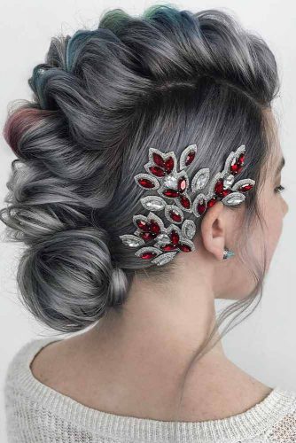 Straight Silver Hair With A Faux Hawk Updo #silverhair #hairaccessory #updohair