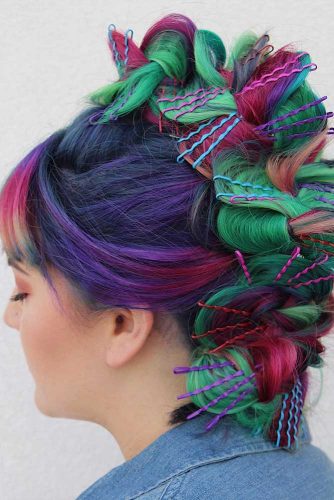 Colorful Updo Faux Hawk With A Braid #rainbowhair #purplehair #braidedhairstyle