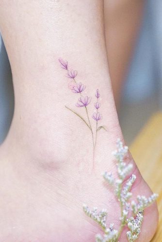 Watercolor Lavender Flower Tattoo On The Leg #legtattoo
